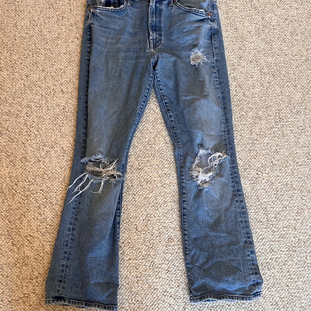 MOTHER Flare Cropped Jeans in Distressed Blue